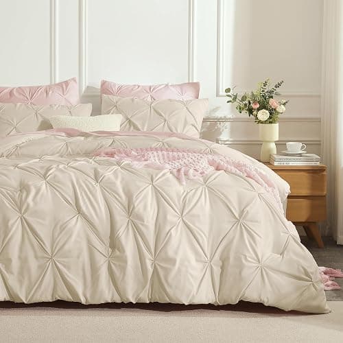 Andency Beige Comforters Queen Size, 3 Pieces Cream Bedding Set & Collections for Women Men, All Season Soft Fluffy Lightweight Pinch Pleat Bed Comforter Set (90x90Inch) thumbnail 3