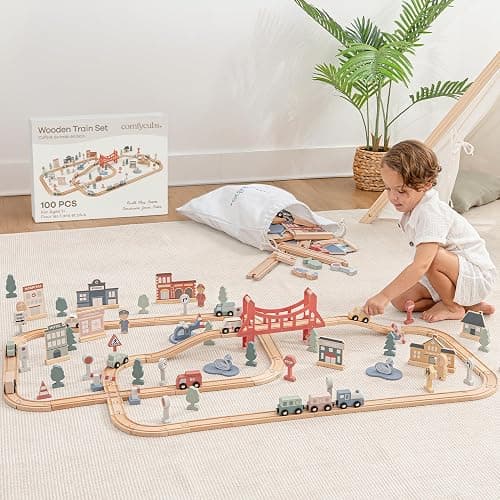 Comfy Cubs 100-Piece Wooden Train Set for Toddlers Ages 1+, Fun & Eco Friendly Toddler Train Set with Wooden Toy Tracks - Creative Toy Town Promoting Imaginative Play with Flexible Configuration - Image 1