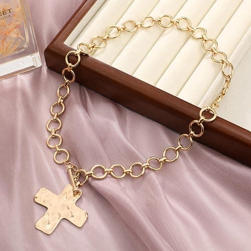 MQV Chunky Statement Gold Hammered Bold Cross Necklace Thick Chain Vintage Chain Pendant Jewelry thumbnail 3