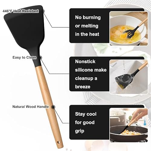 E-far Black Kitchen Utensils Set with Holder, 25-Piece Silicone Cooking Utensil Set with Wooden Handle for Nonstick Cookware, 446°F Heat Resistant Kitchen Tool Spatula Tongs Whisk, Non-toxic & Healthy thumbnail 4