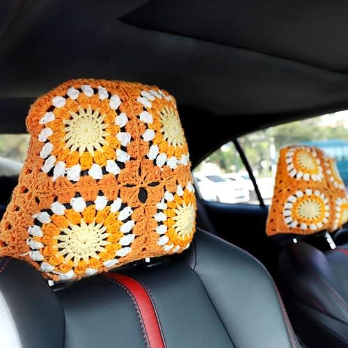 CSWCS 2PCS Crochet Seat Headrest Cover,Car Head Rest Protector,Cute Sunflower Car Accessories for Women, Universal Seat Cover Boho Car Decor Fit Sedans,SUVs,Trucks (62Orange-Sunflower) thumbnail 4