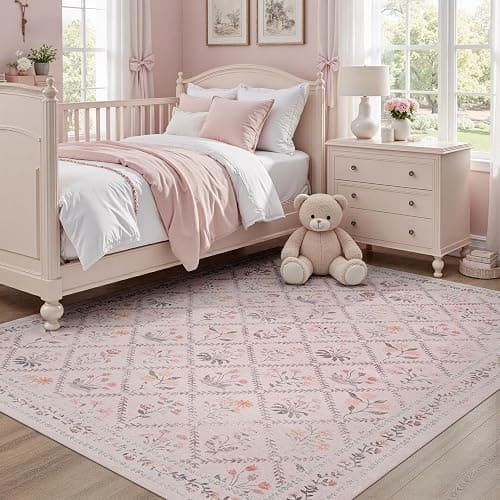 DCX Washable 5x7 Pink Floral Rug for Girls Bedroom, Soft Cottagecore Rug for Baby Girl Nursery, Non Slip Low Pile, Kid & Pet Friendly Vintage Botanical Carpet - Image 1