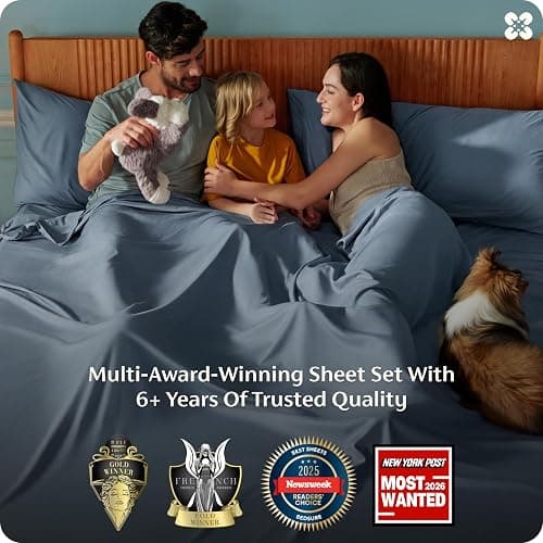 Bedsure PureWoven 100% Rayon Derived from Bamboo, Full Size Sheets, 4 PCS | Cooling Sheets for Hot Sleepers, Breathable & Silky Soft, 16" Deep Pocket, Hotel Luxury Bedding, Dusty Blue thumbnail 3