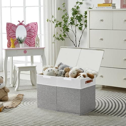 Bagnizer Large Toy Storage Box with Lids, Collapsible Sturdy Baby Storage Organizer Chest Bin Basket for Kids, Boys, Girls, Playroom, Nursery, Bedroom, Closet 25"x13"x16" (Gray and White) thumbnail 2