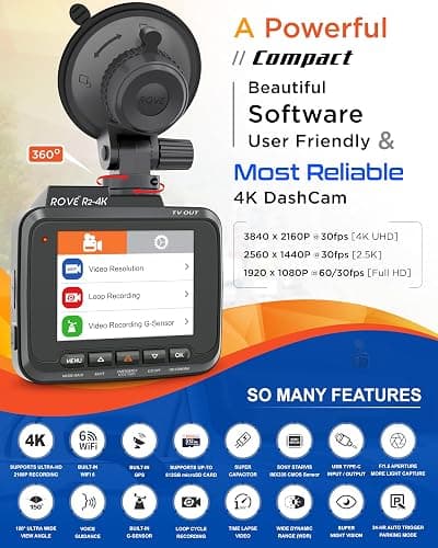 Rove R2-4K Dash Cam Built in WiFi GPS Car Dashboard Camera Recorder with UHD 2160P, 2.4" LCD, 150° Wide Angle, WDR, Night Vision | Super Night Vision, 150° Wide Angle, 2.4in Screen, 24-Hr Parking Mode, Supports 512GB Max, Dash Camera for Cars Trucks thumbnail 2