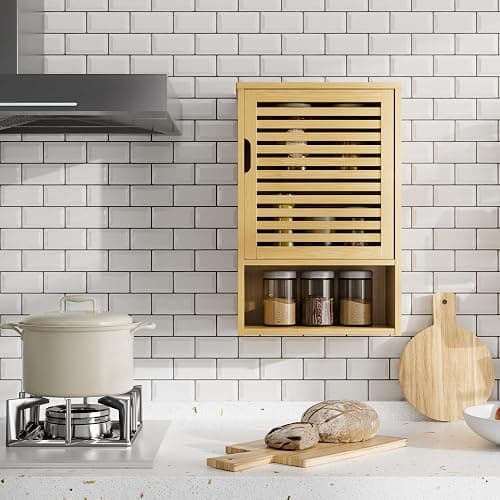 HITNET Bathroom Wall Cabinet, Medicine Cabinet Over The Toilet, Bamboo Hanging Storage Organizer with Single Door and Open Bottom Shelf, for Kitchen Living Room, Natural thumbnail 7