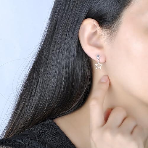 Yumilok 925 Sterling Silber Schwarz Epoxy Doppel Sterne Ohrstecker Ohrhänger Ohrringe Hypoallergen Ohrschmuck für Damen Mädchen thumbnail 4