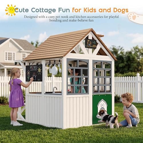 Albott Outdoor Wooden Playhouse with Kitchen Playset, Backyard Cottage Playhouse for Kids with Bench, Awning, Chalkboard, Pet Door and Dutch Door, Pretend Play House for Boys and Girls Ages 3-8 thumbnail 7