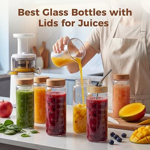 HomArtist 16oz Round Glass Juice Bottles with Lids, 6 Pack Reusable Juice Containers with Bamboo Lids, Glass Juicing jars with 4 Straws & 2 Airtight Lid with Hole for Drinking thumbnail 2
