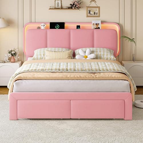 Einhomn Full Size Upholstered Bed Frame with 2 Underbed Drawers & Storage Headboard, Velvet Platform Bed with LED Lights & Charging Station, Sturdy Metal & Wood Structure, Noise-Free,Pink thumbnail 8