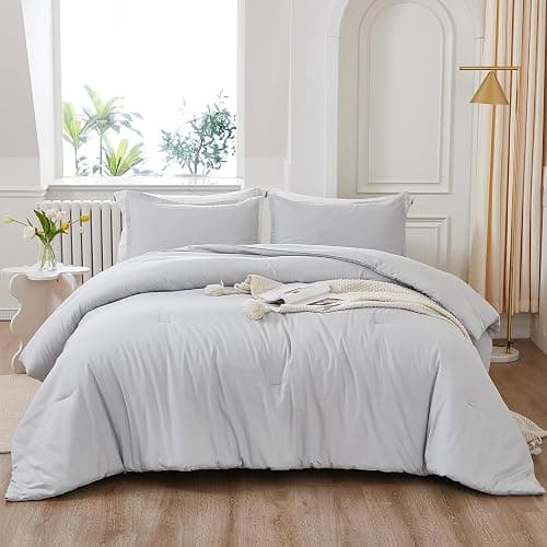 Litanika Light Grey Comforter Full Size, 3 Pieces Lightweight Solid Bedding Comforter Set, All Season Fluffy Bed Set (79x90In Comforter & 2 Pillowcases) - Full (79"x90") - 07 - Light Grey thumbnail 3