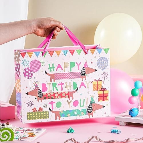 WRAPAHOLIC 13" Large Dog Birthday Gift Bag with Card and Tissue Paper - Gold Foil Dachshund Dogs Happy Birthday Bag for Girl Boy Kids, Baby Shower thumbnail 6