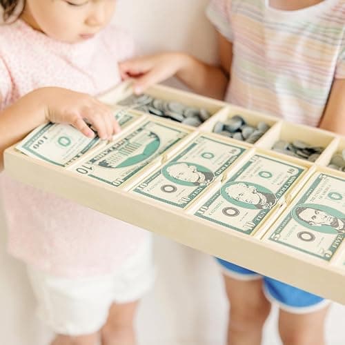 Melissa & Doug Play Money Set - Educational Toy with Paper Bills and Plastic Coins (50 of Each Denomination) and Wooden Cash Drawer for Storage thumbnail 7