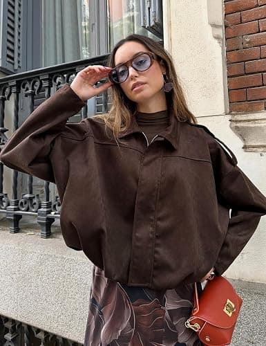 Kissonic Womens Faux Suede Bomber Jacket Oversized Long Sleeve Cropped Coat | Lapel Collar, Batwing Sleeve, Shoulder Straps, Pleated Hems, Zip Up, Casual Trendy Outerwear Streetwear thumbnail 6