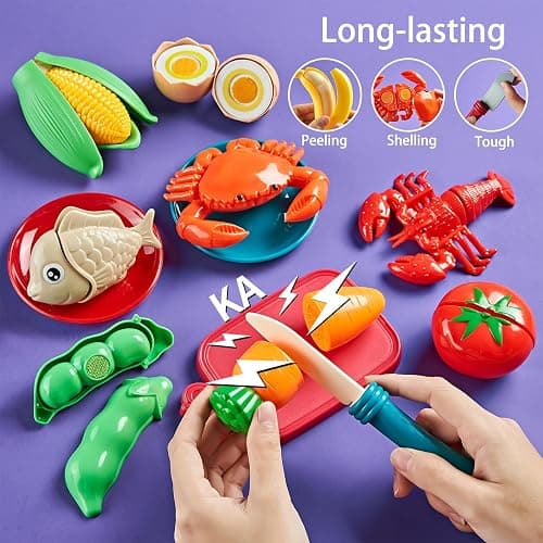 LAUGIGLE Pretend Play Food for Kids Kitchen, 78Pc Cutting Toy Food with Storage Bag thumbnail 5