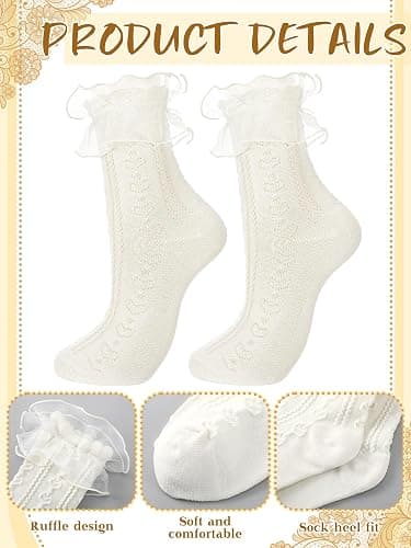 Fourluoo 6 Pairs Ruffle Socks Women Frilly Lace Ankle Socks Cream Lolita Princess Bow Breathable thumbnail 5