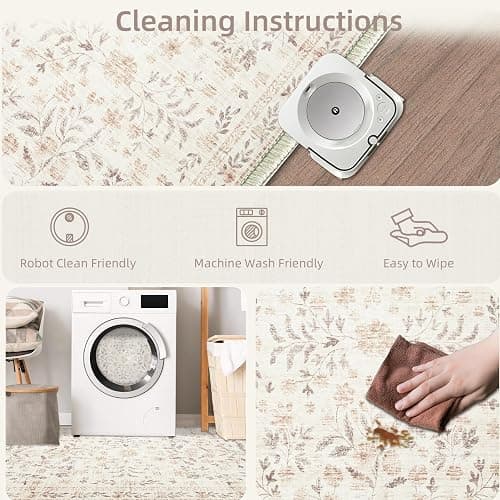 Rugs for Living Room 5x7 Rug, Washable Floral Boho Area Rug Non Slip Soft Low Pile Large Rugs for Bedroom Girls, Dining Room, Office, Kids Playroom(5'x7', Floral Beige) thumbnail 6