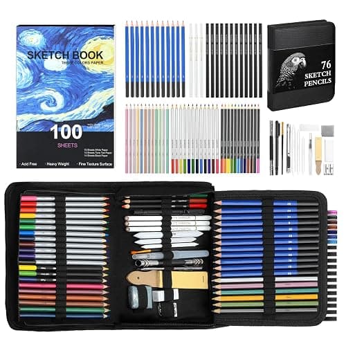 COOL BANK 76 Pack Art Supplies Sketching Kit with 100 Sheets 3-Color Sketchbook, Drawing Pencils Include Graphite Colored Charcoal Watercolor & Metallic Pencils, for Kids Adults Beginner Artists - Image 1