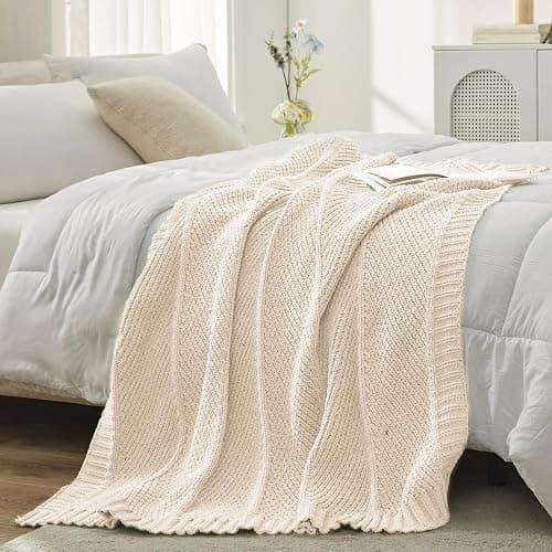 Amélie Home Chevron Chenille Knit Throw Blanket for Couch, Cozy Texture Decorative Soft Blanket for Sofa & Chair, 50"x60", Ivory thumbnail 6
