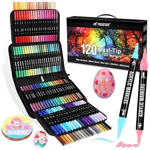 120 Colors Acrylic Paint Markers, Dual Tip Fine and Brush Tips Pens Contain 24 Metallic Color for Stone, Wood, Calligraphy, Canvas, Ceramic, Metal, Glass, Rock Painting, DIY Crafts Art Supplies Kit - Image 1