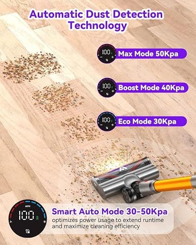 Coovy SU7 Cordless Vacuum Cleaner 580W 50Kpa 80 Minutes Runtime Stick Vacuum with Touch Screen Anti-Tangle Wireless Powerful Lightweight LED Vac for Home Pet Hair Carpet Hardwood, Gold thumbnail 4