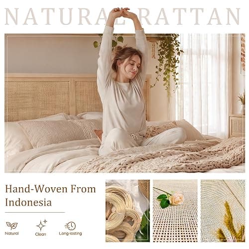 Brafab Natural Rattan Queen Bed Frame with Wooden Headboard and 4 Storage Drawers, Boho Cane Bed Metal Platform Bed with Strong Wooden Slat, Noise Free, No Box Spring Needed thumbnail 4