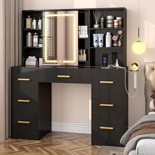 47'' W Large Vanity Desk with Mirror and Lights, 8 Storage Shelves 7 Drawers Vanity Table, Big Makeup Vanity Desk with 3 Lighting Modes, Vanity Dresser with Charging Station, Sliding Mirror (Black) - Image 1