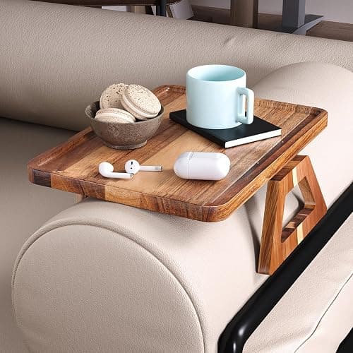 Danfoxer Acacia Wood Couch Arm Tray，Folding Sofa Armrest Table | Clip-On Couch Desk,Foldable, Non-slip,No Assembly，for Drinks Snacks Phone，Remote Control thumbnail 4
