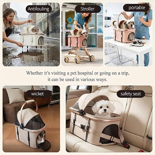 EPPMagice All-Terrain Pet Stroller for Small Medium Dogs & Cats, 20 lbs Capacity - Portable Carrier with One-Touch Brake, Lightweight Foldable Design & Shock Absorption Wheels,Beige thumbnail 5