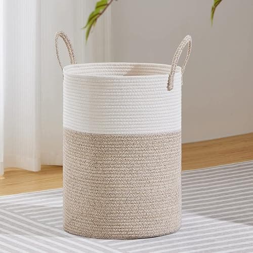 VIPOSCO Large Laundry Hamper, Tall Woven Rope Storage Basket for Blanket, Toys, Dirty Clothes in Living Room, Bathroom, Bedroom - 58L White & Brown - Image 1