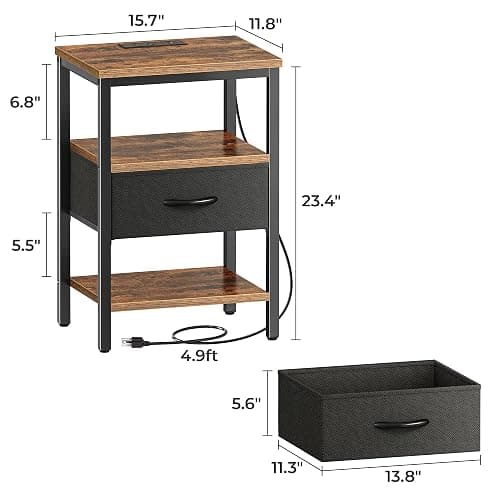 SUPERJARE Nightstand with Charging Station, Bed Side Table with Adjustable Fabric Drawer, Night Stand for Bedroom, 3-Tier Storage End Table, for Living Room, Rustic Brown and Black thumbnail 3