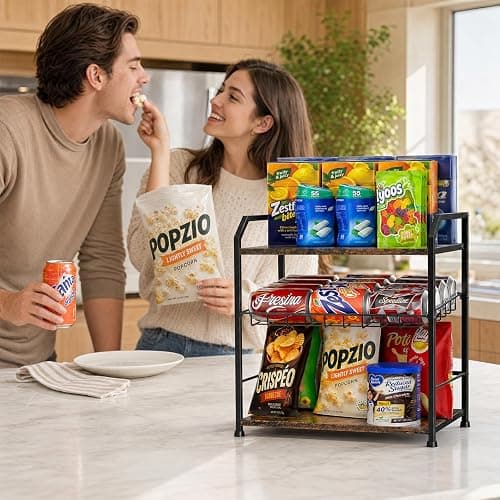 3 Tier Adjustable Snack Organizer for Countertop Wood Metal Rack | Large capacity snack stand, adjustable shelf & stable feet for kitchen pantry, office snack station & retail candy thumbnail 8