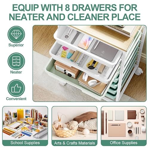 Storage Cart with 8 Drawers, Utility Cart with White Drawers and Wooden Tabletop, Craft Cart, Teacher Organization for Classroom, Storage Furniture, Office Organization, Green thumbnail 3