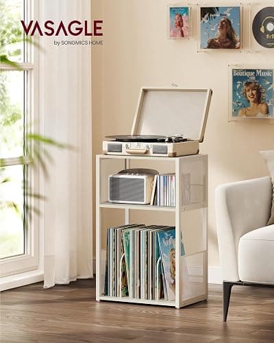 VASAGLE Record Player Stand, 3-Tier Side Table, Vinyl Record Storage up to 100 Albums, End Table for Living Room, Bedroom, Rustic White ULET275W01 thumbnail 2