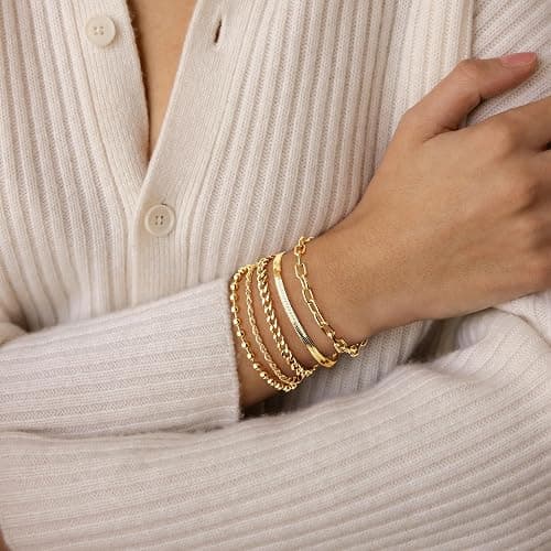 Gold Bracelets for Women Non Tainish,Dainty Bracelets Stack for Women Trendy, Gold Plated Cuff Stackable Bracelets With Beaded Cuban Paperclip Snake Rope Bangle Hand Chain Jewelry Gifts for Women thumbnail 5