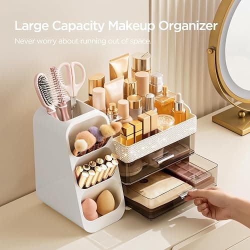HBlife Makeup Organizer with Brush Holder for Vanity, Large Plastic Bathroom Countertop Organizer Skin Care Storage, Easy to Store Lipsticks, Nail Polishes, Perfumes, Eyeshadow Palettes, Pearl White thumbnail 4