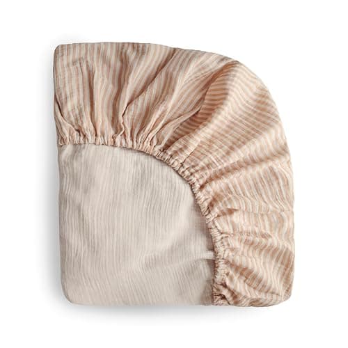 mushie Extra Soft Muslin Fitted Crib Sheet | 192 Thread Count | 28"x 52" (Natural Stripe) - Image 1
