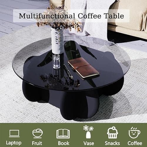 Black Glass Top Coffee Table Modern Elegant Round Coffee Tables with Solid Wood Legs and Tempered Glass Tabletop for Living Room Home Small Space Reception Office Tables 31.5" thumbnail 5