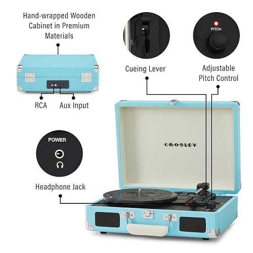 Crosley CR8005F-TU Cruiser Plus Vintage 3-Speed Bluetooth in/Out Suitcase Vinyl Record Player Turntable, Turquoise/White thumbnail 3