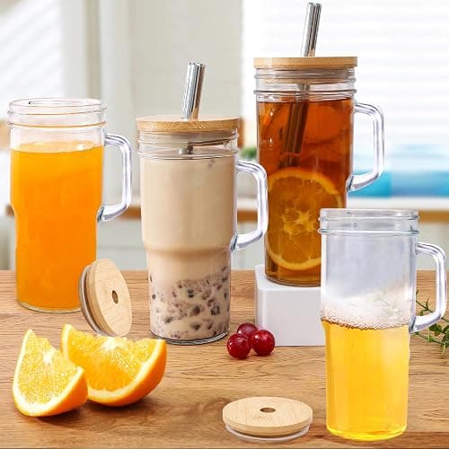 24oz Glass Cups with Lids and Straws - Glass Tumbler cup with bamboo lids and straw iced coffee cup thumbnail 2