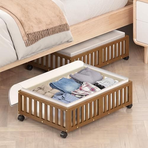 Under Bed Storage Containers with Wheels, 2 Pack Bamboo Under the Bed Shoe Storage Bins, Wood Rolling Underbed Drawers Organizer for Bedroom, Closet Clothes Blanket Comforter Under Crib Toy Walunt - Image 1