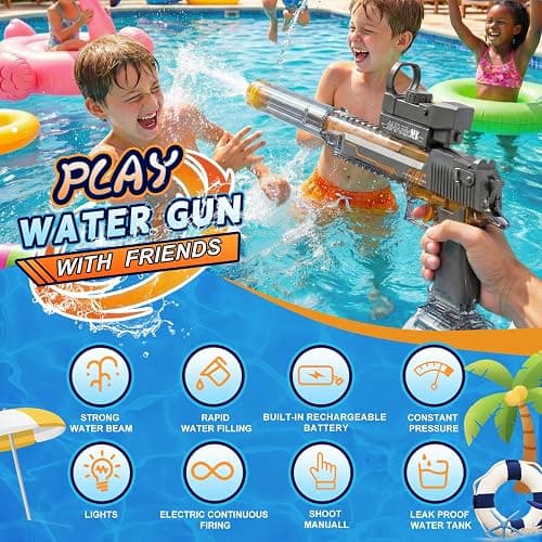 UROINT Electric Water Gun Toy, Automatic Squirt Blaster Pistol Kids, Adults | Realistic LED Light-Up Long Range Pistol. Rechargeable Watergun Black Outdoor Pool Beach Ideal gift for kid 6+ adults summer. thumbnail 6