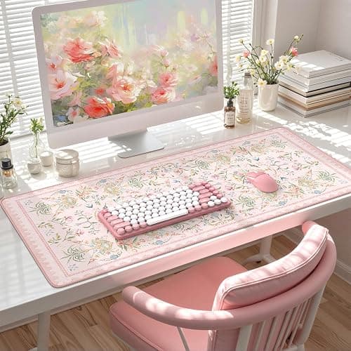 HAOCOO French Floral Desk Mat, Pink Desk Cover Mat, 35.4" x 15.7" Cute Long Mouse Pad, Aesthetic Flower Desktop Mat Accessories, Waterproof Teacher Desk Mat for Work, Study thumbnail 5