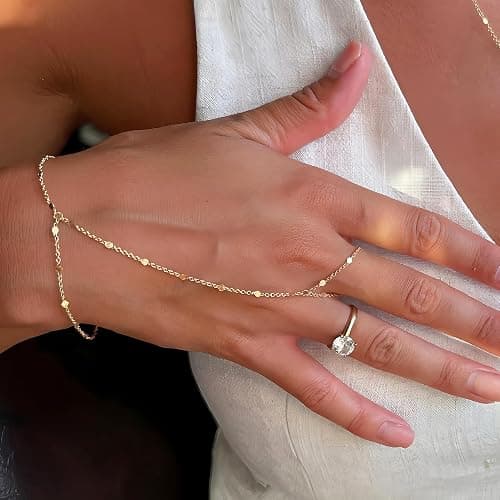 3PCS 14K Gold-Plated Hand Chain Bracelets for Women, Stack Bracelets Set Adjustable, Trendy Dainty Ring Bracelet Hand Chain thumbnail 3