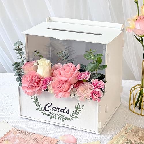 OurWarm Wooden Wedding Card Box with Flower Trough, White Gift Card Box for Wedding with Acrylic Board, Weddings Cards Boxes for Reception Graduation Birthday Party Bridal Baby Shower Decorations - Image 1