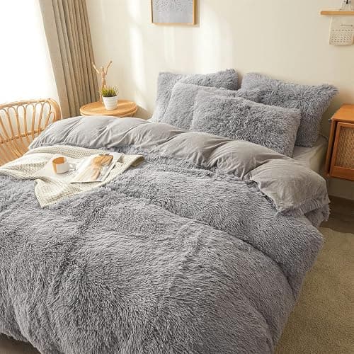 FOPPA Plush Comforter Cover Set Queen - Ultra Soft Fuzzy Gray Bedding 3 Pieces (Faux Fur Duvet Cover + 2 Shaggy Pillow Cases) Fluffy Bed Set thumbnail 3