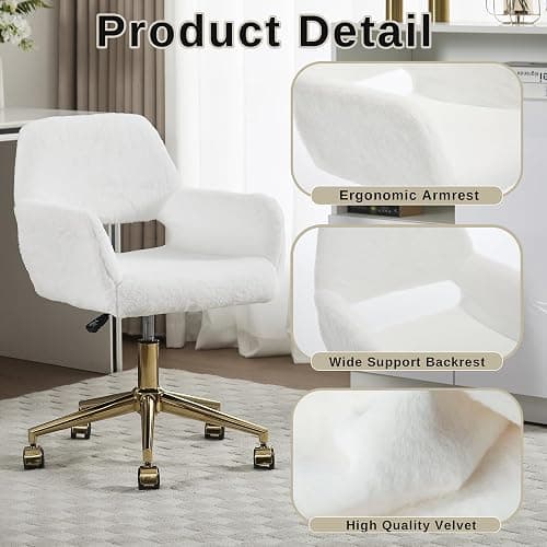 HENGJIANYI Faux Fur Swivel Desk Chair, Modern Fluffy Makeup Vanity Chair, Height Adjustable Armchair with Gold Base, Ergonomic Office Chair with Hollowed Back, White thumbnail 3