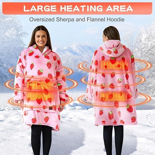 Cootway Heated Wearable Blanket Hoodie, 3 Heat Level Oversized Strawberry Blanket Hoodie for Women Without Battery Pack, Cozy Warm Sweatshirt Blanket, USB Heating Hooded Blanket w/Sleeves&Giant Pocket thumbnail 4