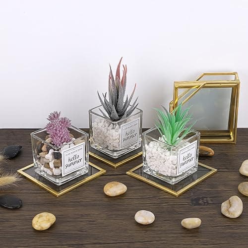 JuxYes Set of 7 Glass Coasters with Holder, Gold Elegant Cup Coasters for Coffee, Tea, Wine - Square Brass Edge Glass Mats for Coffee Table thumbnail 5