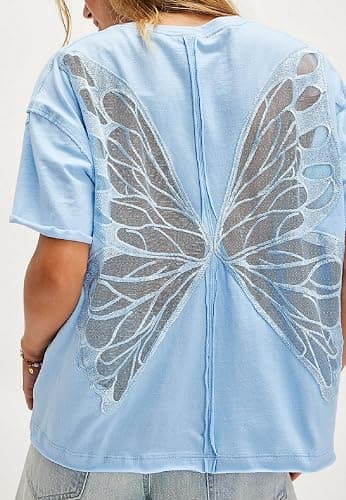 UAURORAO Women Butterfly Tee Top Short Sleeve Cut Out Back Sheer Tops Oversized Slouchy Crew Neck Embroidered T Shirts thumbnail 3